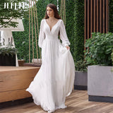 Runhufu Boho Wedding Dress Elegant Vestido De Noiva Women Long Puff Sleeves Bridal Gown Illusion Backless Chiffon A Line ????? ??