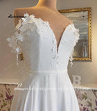 runhufu A Line Boho Wedding Dress without Veil Off the Shoulder Chiffon Sweetheart 3D Flowers Appliques Beach robe de mariée