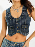 Runhufu Retro 2000s Aesthetic Denim Vest Tops Women Sleeveless V Neck Buttons Crop Tops Harajuku Vintage Fairy Streetwear Tanks