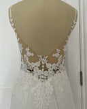 runhufu A-Line Chiffon Illusion Bodice Backless Beach Wedding Dresses for Women Appliques Unique Tail Summer Boho Bride Dress