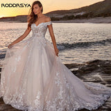 Runhufu Appliques Off Shoulder Wedding Dresses A-line Tulle Sweep Train Beach Bridal Gowns Back Buttons vestidos de novia playa