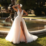 Runhufu Deep V-Neck Wedding Dresses Lace Vintage Appliques Sexy Backless Bridal Gowns High Side Slit Elegant Vestidos De Novia