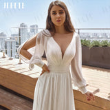 Runhufu Boho Wedding Dress Elegant Vestido De Noiva Women Long Puff Sleeves Bridal Gown Illusion Backless Chiffon A Line ????? ??