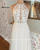 runhufu Beach A Line Wedding Dress Halter Lace Appliques Backless Bridal Gown Beach Bridal Gown trouwjurk Robe de mariee