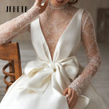 Runhufu V Neck Wedding Dresses for Women Satin Bridal Ball Gowns Lace Button Vestidos De Novia Elegant Princess Evening Dress