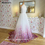 runhufu Halter Neck Chiffon A Line Floral Print Wedding Dress 2023 Pleats Garden Wedding Gowns for Bridal Robe De Mariée