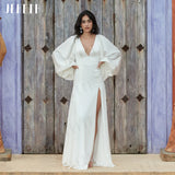 Runhufu Beach Wedding Dresses Thight Split Puff Sleeves V-Neck Bridal Gowns Open Back Bohemian Satin Vestido De Noiva Casamento