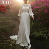 Runhufu Wedding Dress Boho Lace Vintage High Neck Chiffon Long Sleeve Bridal Gown Applique A Line Illusion Vestido De Casamento