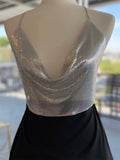 Runhufu Women's Metal Sequins Camisoles Sexy Backless Chain Halter Crop Tops Party Dance Club Wear Lady Ruched Deep V Tops Streetwear