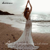 runhufu Plunging V Bohemian Mermaid Wedding dress Lace Champagne Bridal Gown Vintage Backless Spaghetti Straps Dress