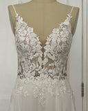 runhufu A-Line Chiffon Illusion Bodice Backless Beach Wedding Dresses for Women Appliques Unique Tail Summer Boho Bride Dress