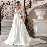 Runhufu Half Sleeve Satin A-line Wedding Dress Elegant V Neck Bridal Gowns Elegant Bohemian Princess Dress Custome Vestido