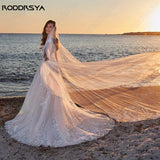 Runhufu Appliques Off Shoulder Wedding Dresses A-line Tulle Sweep Train Beach Bridal Gowns Back Buttons vestidos de novia playa