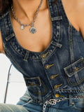 Runhufu Retro 2000s Aesthetic Denim Vest Tops Women Sleeveless V Neck Buttons Crop Tops Harajuku Vintage Fairy Streetwear Tanks