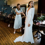 Runhufu Picture Deep V Neck Hollow Back Minimalist Wedding Dress Custom Made Sheath Buttons Ruched Satin Mermaid Bridal Gowns
