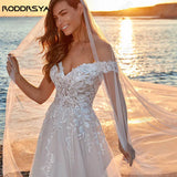 Runhufu Appliques Off Shoulder Wedding Dresses A-line Tulle Sweep Train Beach Bridal Gowns Back Buttons vestidos de novia playa