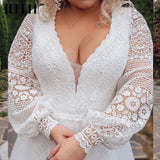 Runhufu Beach Wedding Dress Long Sleeve Plus Size Boho Women V Neck Vintage A Line Lace Bridal Gown Tulle Vestidos De Novia 2024