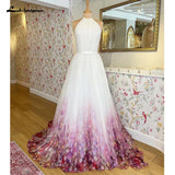 runhufu Halter Neck Chiffon A Line Floral Print Wedding Dress 2023 Pleats Garden Wedding Gowns for Bridal Robe De Mariée