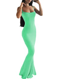 Runhufu Spaghetti Strap Bodycon Long Dress Summer 2024 Women Sleeveless Wrapped Fish Tail Dress Solid Color Club Streetwear