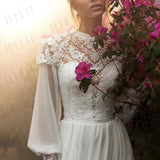 Runhufu Wedding Dress Boho Lace Vintage High Neck Chiffon Long Sleeve Bridal Gown Applique A Line Illusion Vestido De Casamento