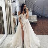 Runhufu A Line Side Slit Wedding Dress Off The Shoulder Wedding Gown Lace Appliques Backless Bride Gown vestidos de novia