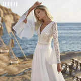 Runhufu Beach Boho Wedding Dresses Lace Long Flare Sleeves Vestidos De Boda 2024 Open Back V-Neck Bridal Gowns Chiffon A Line