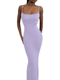 Runhufu Spaghetti Strap Bodycon Long Dress Summer 2024 Women Sleeveless Wrapped Fish Tail Dress Solid Color Club Streetwear