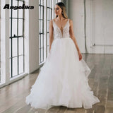 Runhufu Fairytale A Line Wedding Gowns for Women Ruffles Tulle Deep V Neck Appliques Button Sleeveless Vestido De Noiva 2024