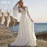 Runhufu Beach Boho Wedding Dresses Lace Long Flare Sleeves Vestidos De Boda 2024 Open Back V-Neck Bridal Gowns Chiffon A Line