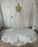 runhufu A-Line Chiffon Illusion Bodice Backless Beach Wedding Dresses for Women Appliques Unique Tail Summer Boho Bride Dress
