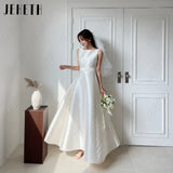Runhufu Satin Scoop Neck Korea Wedding Dress Women A-Line Simple Pearl Bridal Gown Elegant Backless Sleeveless ????? Ankle-Length