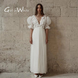 Runhufu Pearls Short Wedding Dresses V-Neck Puff Sleeves Flowers Mini Bride Robes Sexy Backless Formal Bridal Gowns Vestido De Noiva