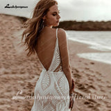 runhufu Plunging V Bohemian Mermaid Wedding dress Lace Champagne Bridal Gown Vintage Backless Spaghetti Straps Dress