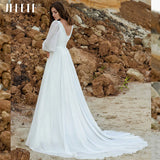 Runhufu Puff Sleeve Wedding Dresses Women Vestido De Novia Long Chiffon Elegant V-Neck A-Line Backless Bridal Gown Robe Mari¨¦e
