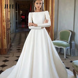 Runhufu Satin Wedding Dresses For Women Backless Long Sleeve A-Line Sexy Backless Bridal Gowns Vestidos De Novia Custome