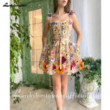 runhufu Mini A-Line Skirt Lace Party Gowns With 3D Flowes Straps Sweetheart Formal Dresses Colorful Appliques Wedding Gown