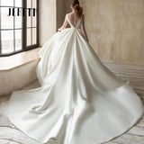 Runhufu V Neck Wedding Dresses for Women Satin Bridal Ball Gowns Lace Button Vestidos De Novia Elegant Princess Evening Dress