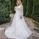 Runhufu Beach Wedding Dress Long Sleeve Plus Size Boho Women V Neck Vintage A Line Lace Bridal Gown Tulle Vestidos De Novia 2024