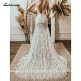 runhufu Plunging V Bohemian Mermaid Wedding dress Lace Champagne Bridal Gown Vintage Backless Spaghetti Straps Dress