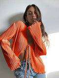 Runhufu Women Pleated Plain Shirts Spring Fall Chic Long Flare Sleeve V- Neck Tie Up Cardigans Tops for Casual Party Street