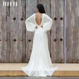 Runhufu Beach Wedding Dresses Thight Split Puff Sleeves V-Neck Bridal Gowns Open Back Bohemian Satin Vestido De Noiva Casamento