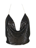 Runhufu Women's Metal Sequins Camisoles Sexy Backless Chain Halter Crop Tops Party Dance Club Wear Lady Ruched Deep V Tops Streetwear