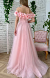 Floral A-Line Tulle Off The Shoulder Long Evening Prom Dress With Slit HZ1108