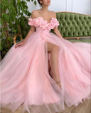 Floral A-Line Tulle Off The Shoulder Long Evening Prom Dress With Slit HZ1108