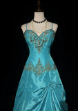 Blue A-Line Spaghetti Straps Satin Beaded Long Prom Dress Sweetheart Neck Applique Graduation Prom Dress HZ1108