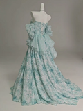 Blue Floral A-Line Strapless Organza Long Prom Dress Graduation Prom Dress HZ1108
