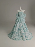 Blue Floral A-Line Strapless Organza Long Prom Dress Graduation Prom Dress HZ1108