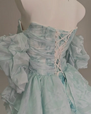 Blue Floral A-Line Strapless Organza Long Prom Dress Graduation Prom Dress HZ1108
