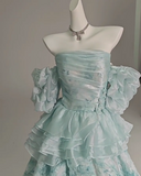 Blue Floral A-Line Strapless Organza Long Prom Dress Graduation Prom Dress HZ1108