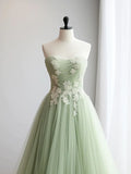 green A-line sweetheart neck tulle lace applique long prom dress, formal evening dress HZ1108